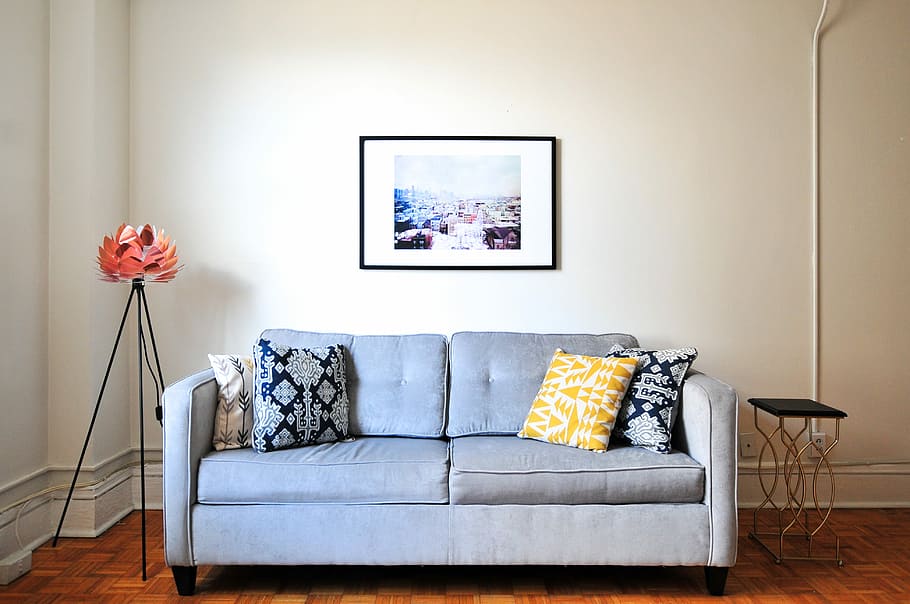 blue fabric loveseat, 2-seat sofa beside side table, living room, HD wallpaper