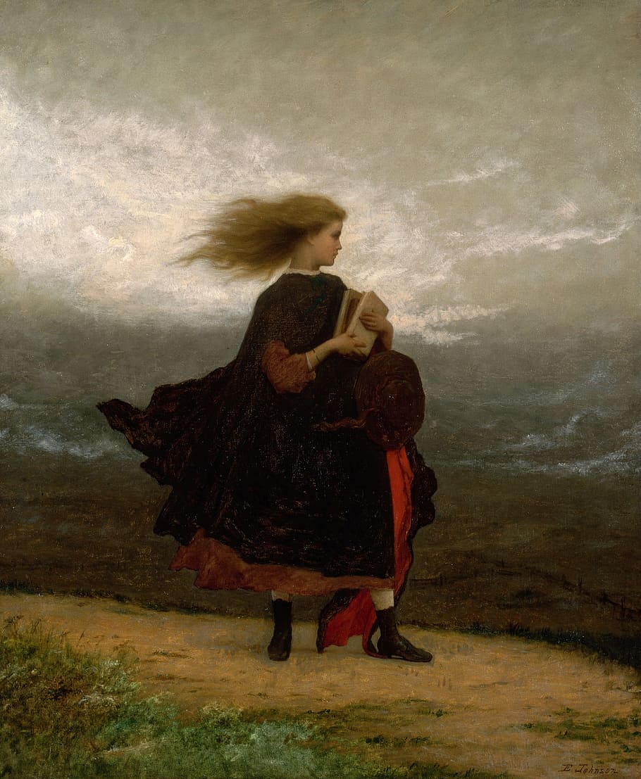 woman in black and red dress holding book, eastman johnson, landscape, HD wallpaper