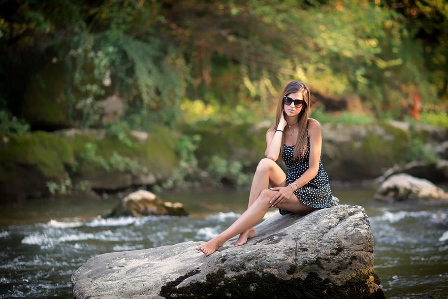woman in black sleeveless dress on rack near lake, girl, river, HD wallpaper