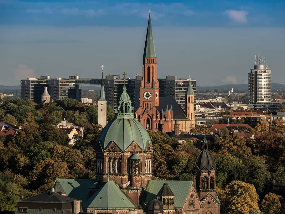 munich, churches, steeples, clock, city, architecture, tower HD wallpaper