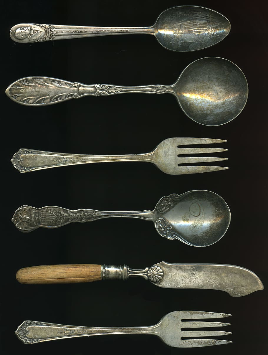 gray steel ladles, antique forks, antique spoons, old, kitchen
