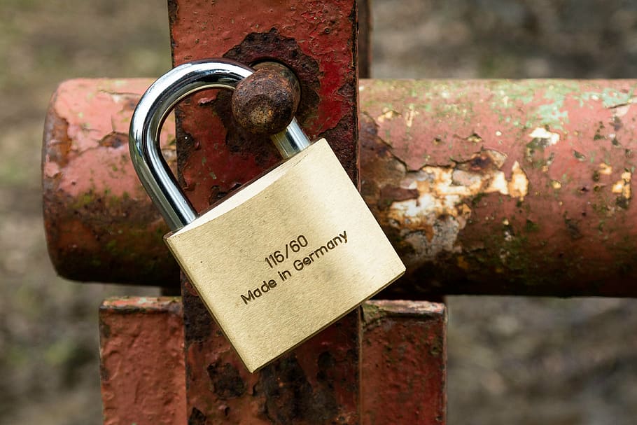 gray padlock on red metal frame, castle, gold, security, to, secure, HD wallpaper