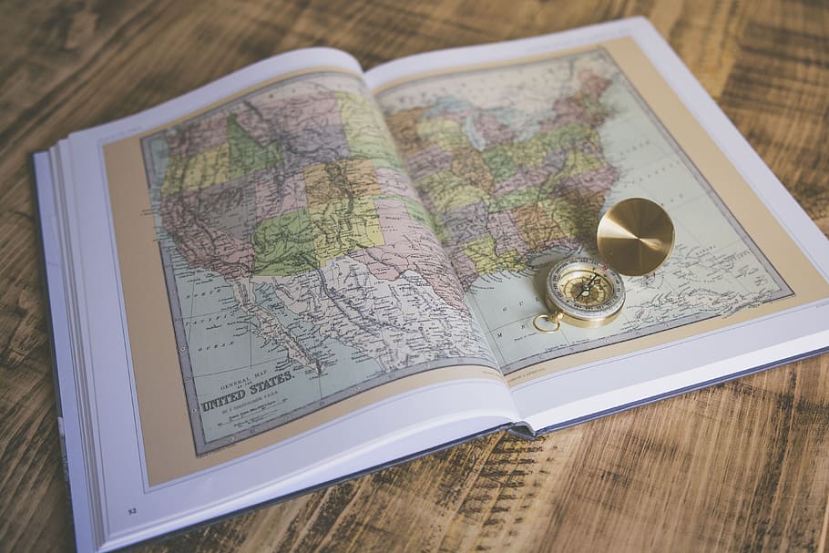direction compass on opened map, atlas, book, sheets, pages, travel, HD wallpaper