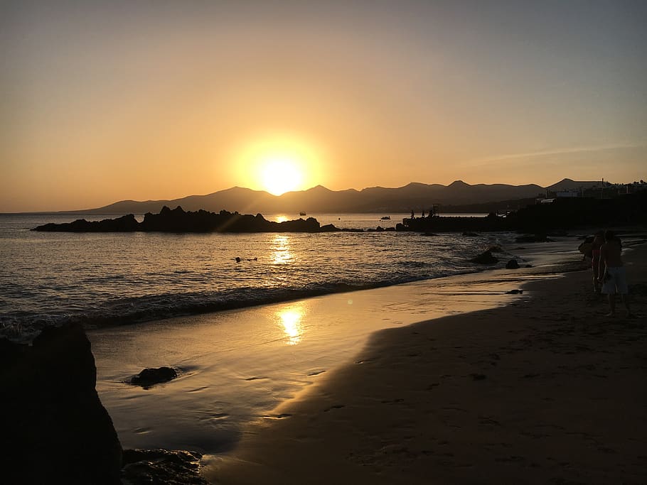 sunset, lanzarote, beach, sky, water, beauty in nature, sea HD wallpaper