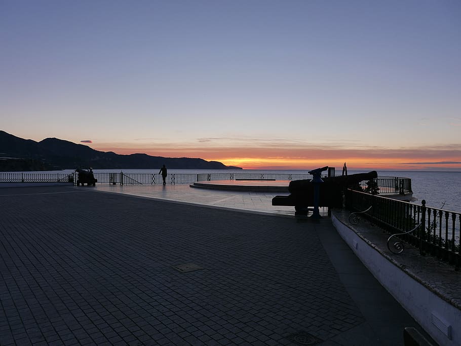 dawn, cannons, balcony, nerja, sky, water, sunset, sea, scenics - nature HD wallpaper