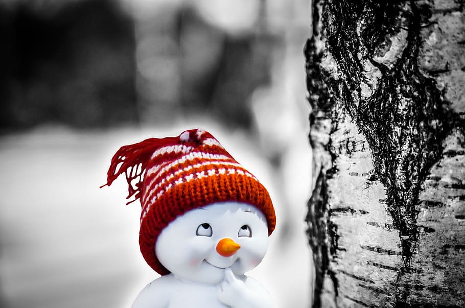 snowman wearing red knit hat illustration, snow man, smile, consider, HD wallpaper