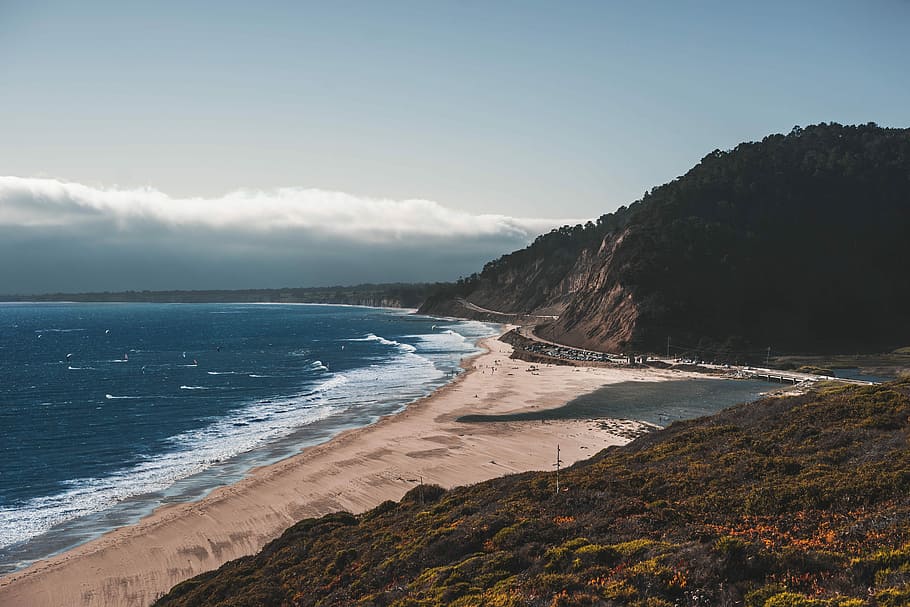 photo of seashore near green mountain, aerial view photography of seashore HD wallpaper