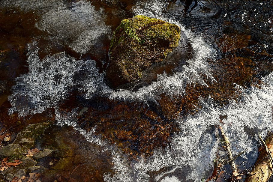 frozen, stream, rock, green moss, winter, ice crystals, water HD wallpaper