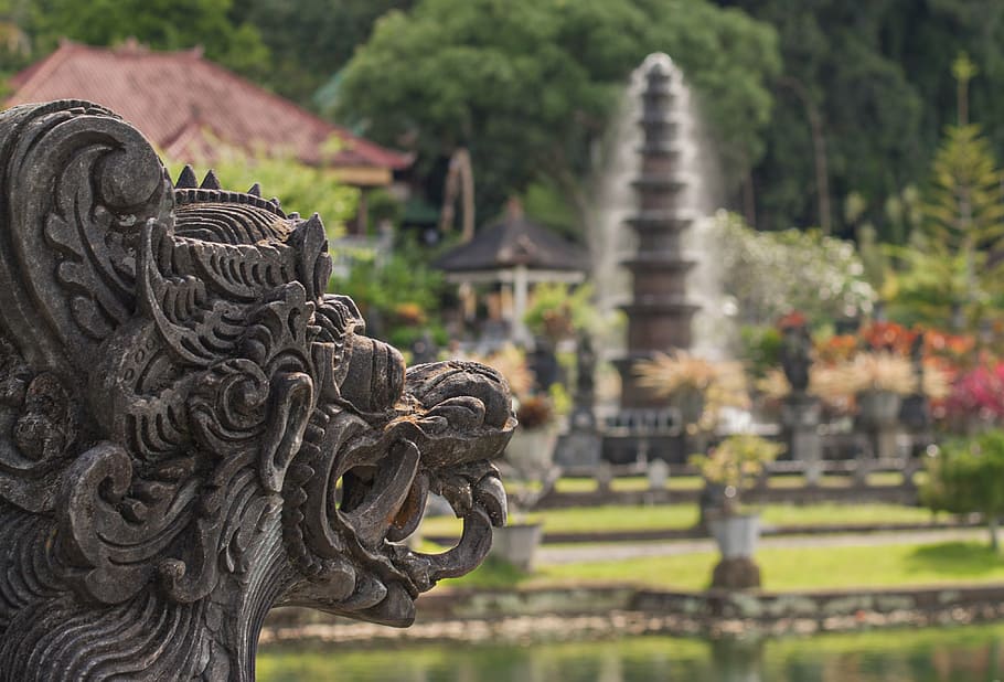 brown dragon statue, bali, water palace, holiday, places of interest, HD wallpaper