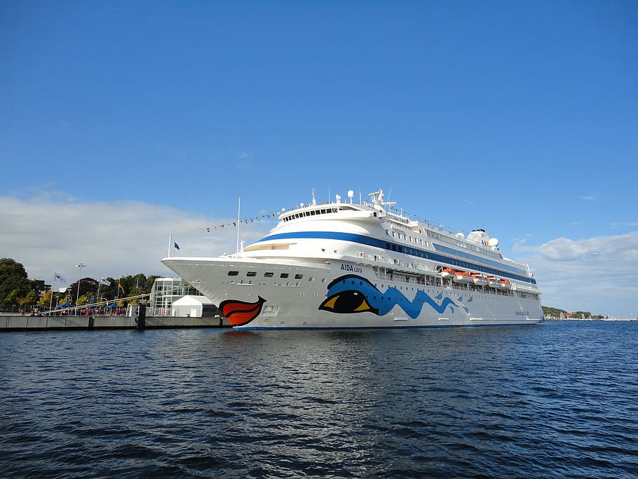 ships, kiel, water, sky, blue, baltic sea, cruise, cruise ship, HD wallpaper