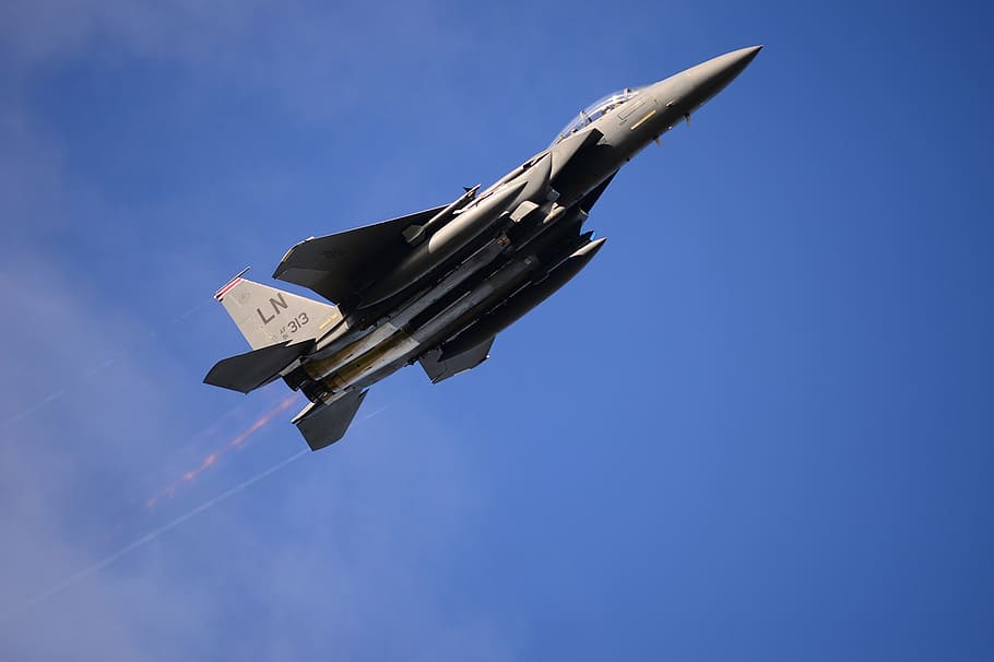 grey jet fighter, military jet, flight, flying, f-15, airplane, HD wallpaper