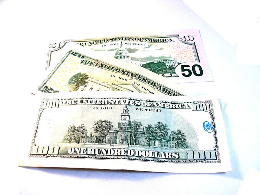 three assorted-denomination US dollar banknotes, 100, 50, 20, HD wallpaper