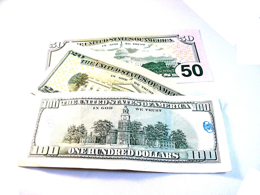 three assorted-denomination US dollar banknotes, 100, 50, 20 HD wallpaper