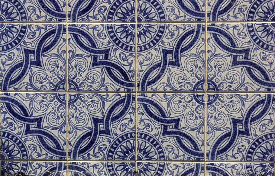 white and blue ceramic tiles, portugal, porto, backgrounds, pattern