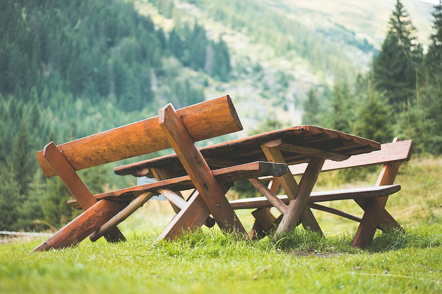Wooden Picnic Seating Area in the Middle of Mountains, forest, HD wallpaper