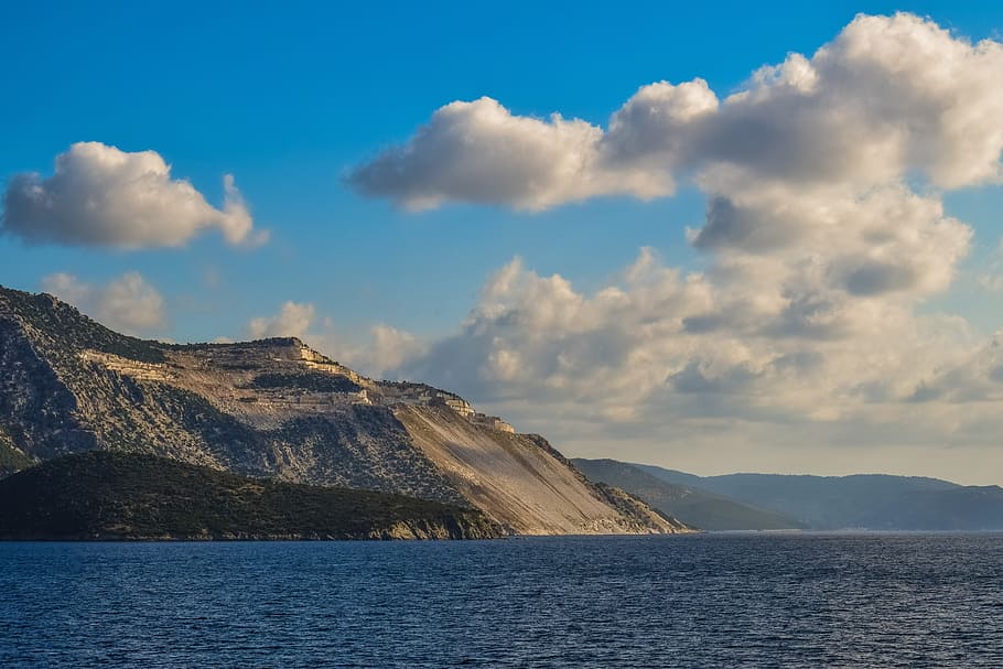 brown mountain under white clouds and blue sky, quarry, sea HD wallpaper