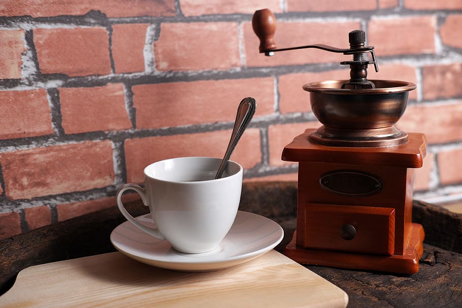 coffee, retro, black, espresso, matchine, brick wall, table HD wallpaper
