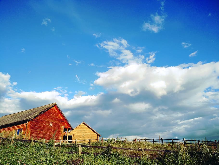 Sunny Days, Log Cabin, Color, barn, rural Scene, farm, sky, HD wallpaper