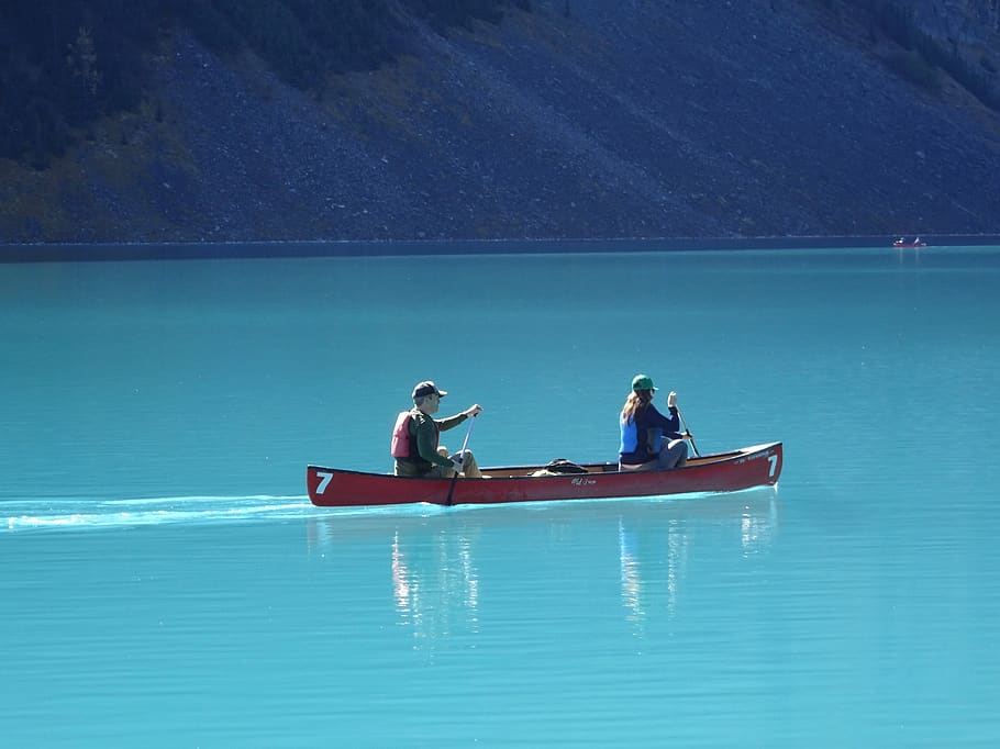 canoe, emerald, lake, lake louise, canada, mountains, landscape, HD wallpaper