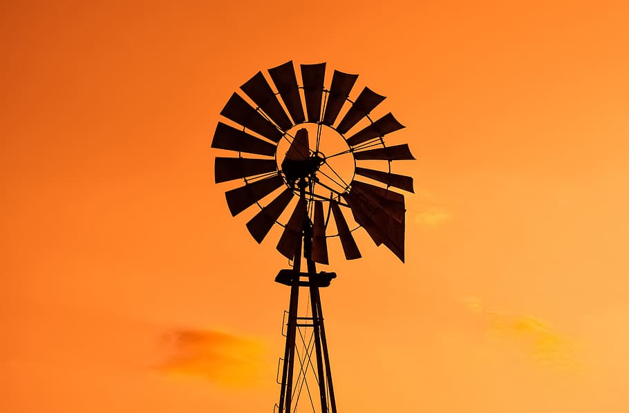 sunset, windmill, sky, clouds, evening, orange, cyprus, turbine HD wallpaper