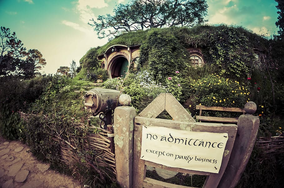 Bilbo’s house, No Admittance signage near trees, warning, woodland
