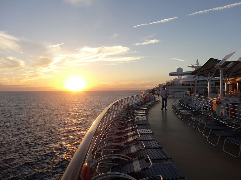 ship, deck, sunset, ocean, cruise, water, vacation, summer HD wallpaper
