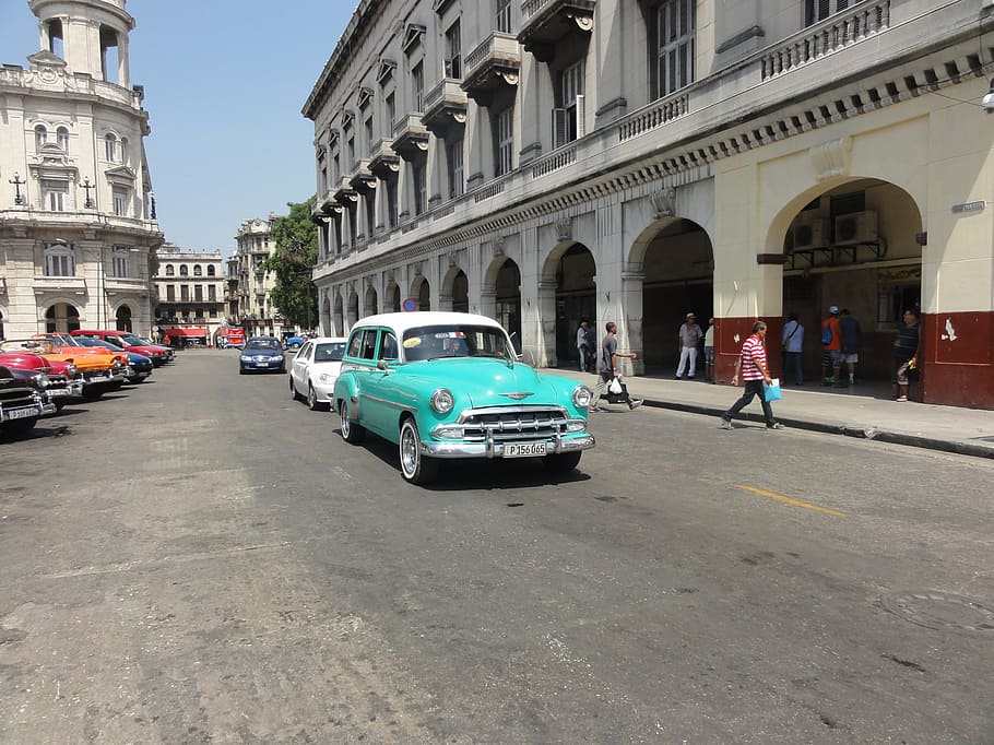 cuba, havana, old-timer, blue, sea green, street, road, asphalt HD wallpaper