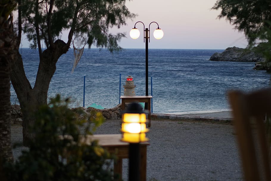 greece, sea, tree, water, lighting equipment, plant, nature HD wallpaper