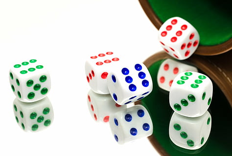 five assorted-color dices, yahtzee, luck, game, throwing, fun HD wallpaper