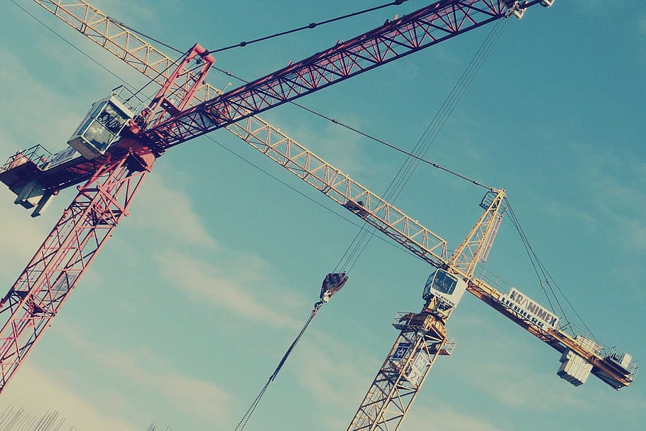 cranes, construction, industrial, blue, sky, machinery, construction site HD wallpaper