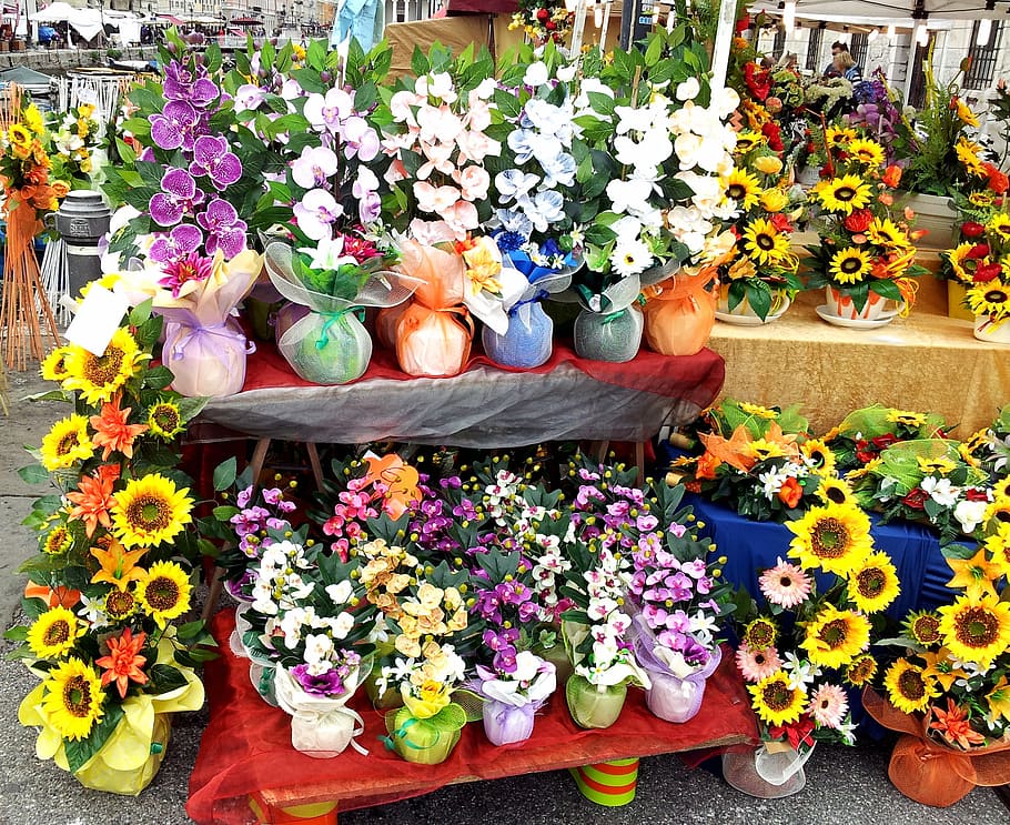 flower, composition, market, stall, nature, colors, market town HD wallpaper
