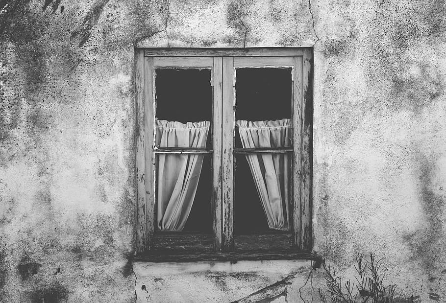 grayscale photo of closed window, grayscale photography of curtain hanging on window