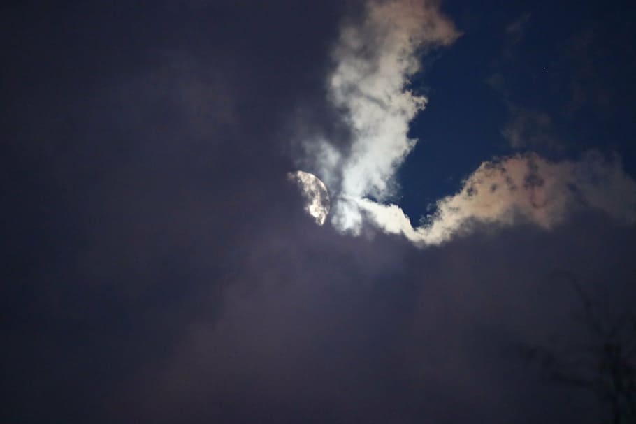 clouds, moon, sky, full moon, clouds veil, atmosphere, sky blue HD wallpaper
