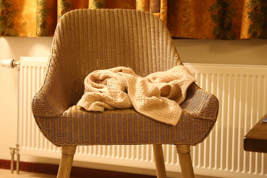 beige towel on armchair, cosy, interior, design, home, room, modern