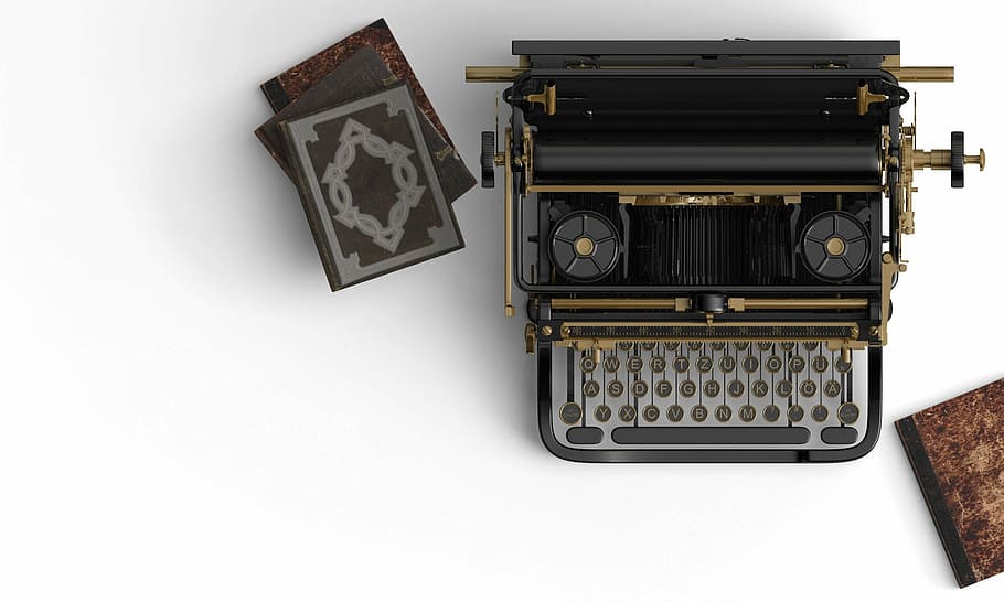 vintageblack and gold typewriter, books, book stack, historic, HD wallpaper