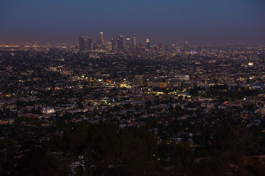 aerial photo of cityscape at night time, los angeles, la, skyline