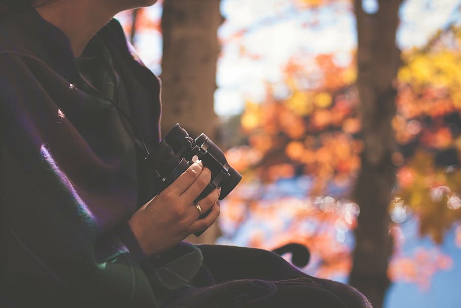 person holding black binoculars, hands, ring, blanket, one person HD wallpaper