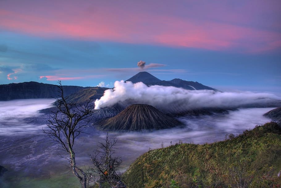 mountain with clouds during golden hour, volcano, earth, sky HD wallpaper