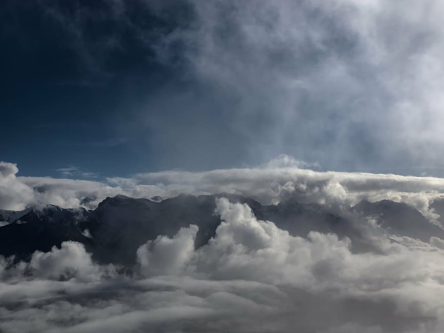 clouds, mountains, landscape, fog, sky, blue, alpine, mountain world HD wallpaper
