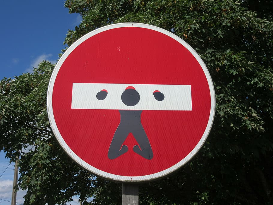 panel, logo, road sign, man, prison, no entry, clet, red, circle, HD wallpaper