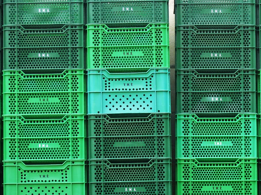 green plastic crate lot, boxes, background, texture, network Server HD wallpaper