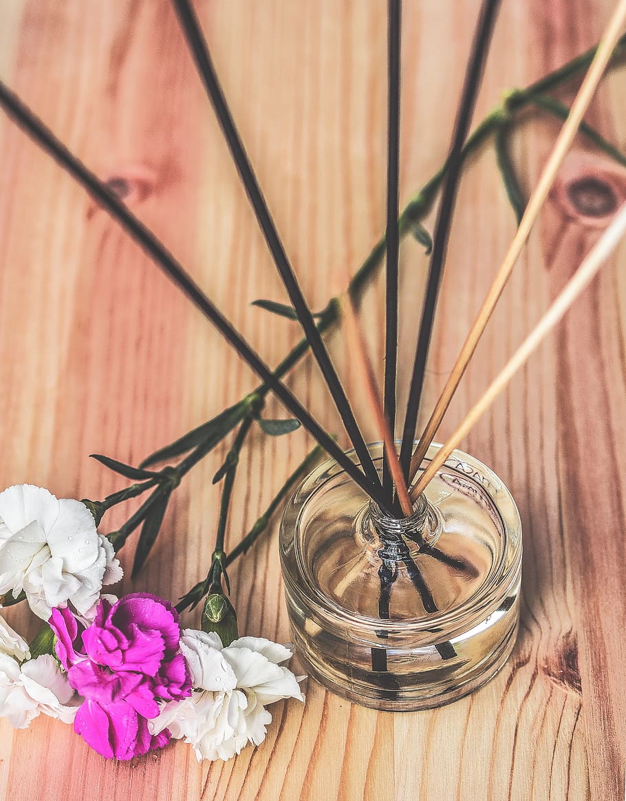 white and purple flowers on top of brown surface, scent, sticks, HD wallpaper