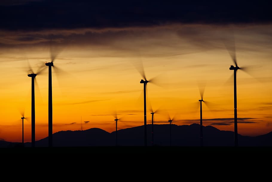 silhouette of windmills, windräder, wind power, energy, blue, HD wallpaper