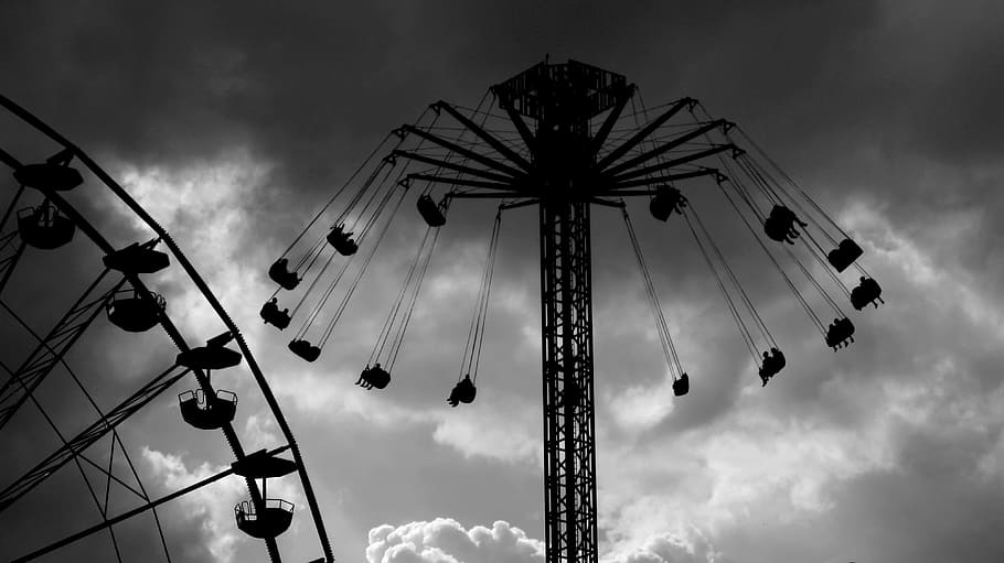 grayscale photography of Ferris wheel and ride, fair, carousel HD wallpaper
