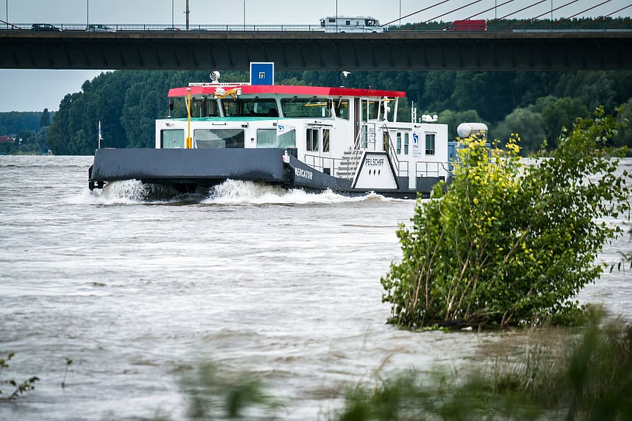 ship, bridge, high water, river, rhine, tracking ship, boot HD wallpaper