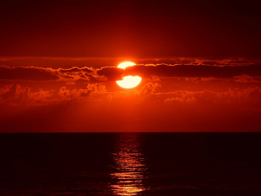 photo of ocean during golden hour, sunset, cloud, clouds, sky, HD wallpaper