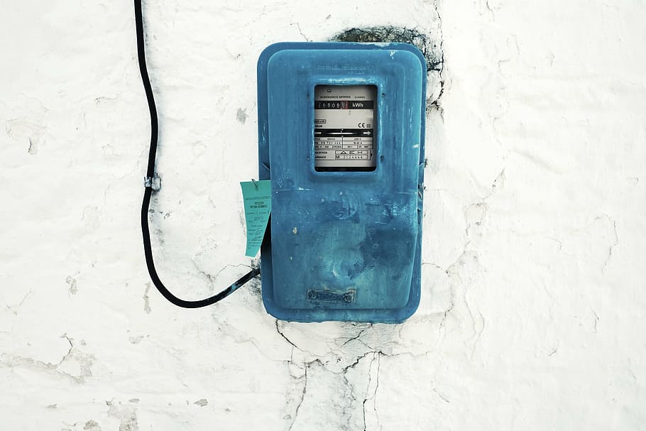 teal distribution panel on white wall, hydro, meter, electricity HD wallpaper