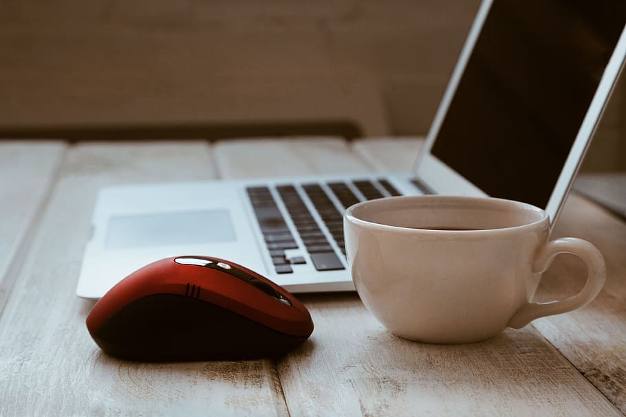 red and black wireless mouse and white ceramic cup, coffee HD wallpaper