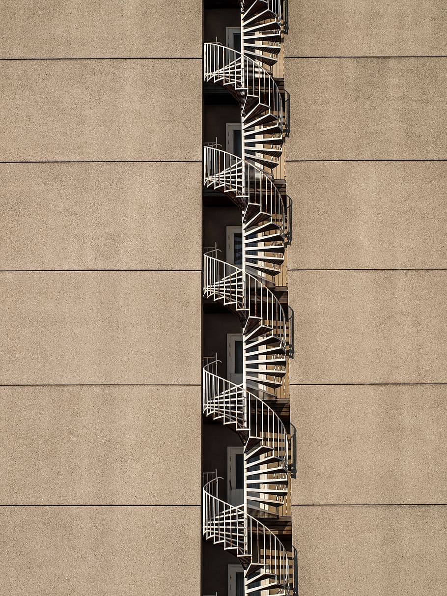 architecture, skyscraper, old, trist, spiral staircase, fire escape HD wallpaper
