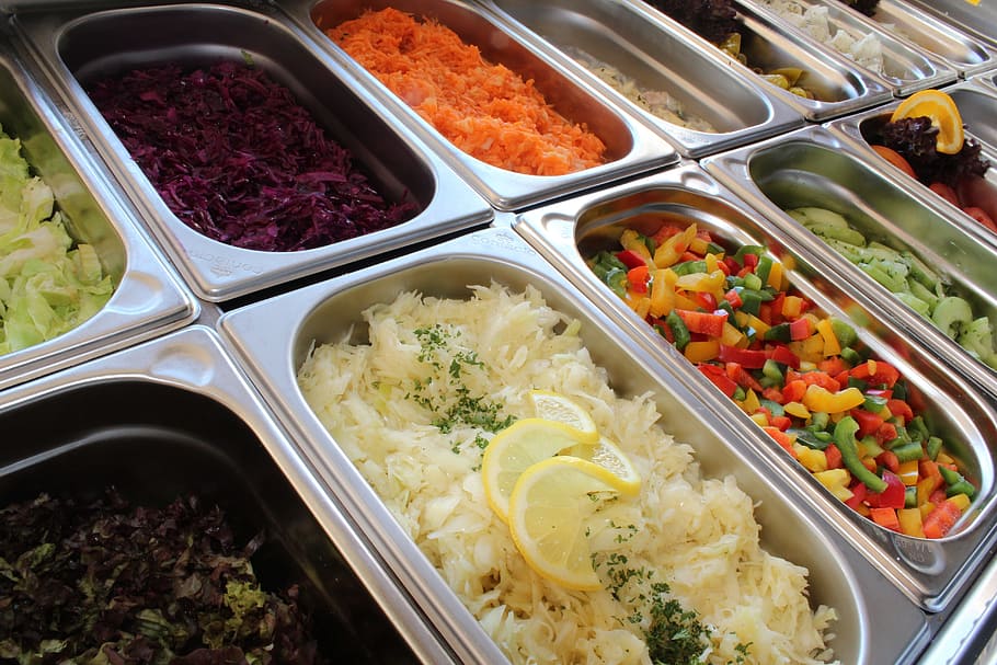 variety of cooked foods in bain-marie, Salad Bar, Buffet, salad buffet, HD wallpaper